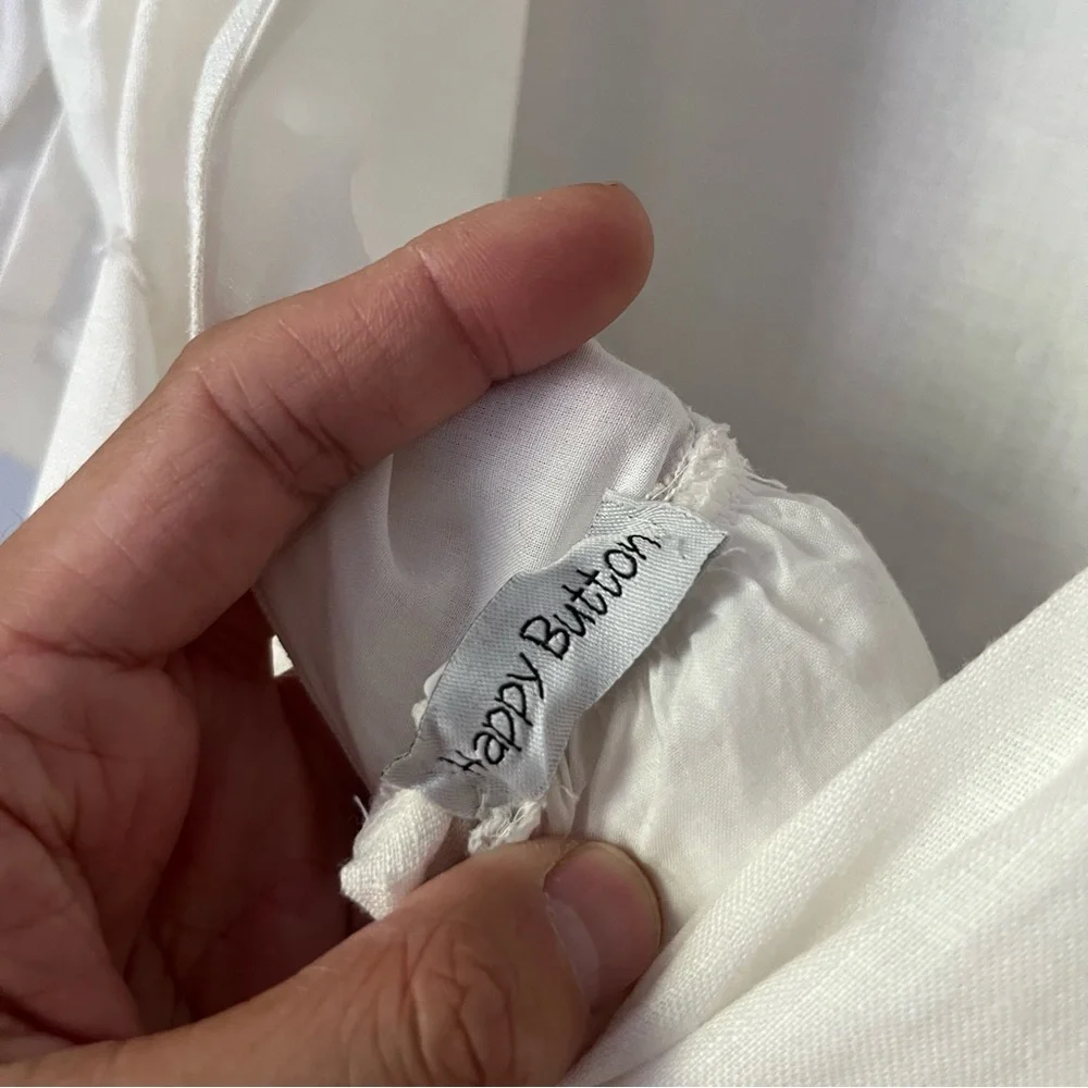 HAPPY BUTTON white linen short puff‎ sleeve babydoll full skirt tie back mini